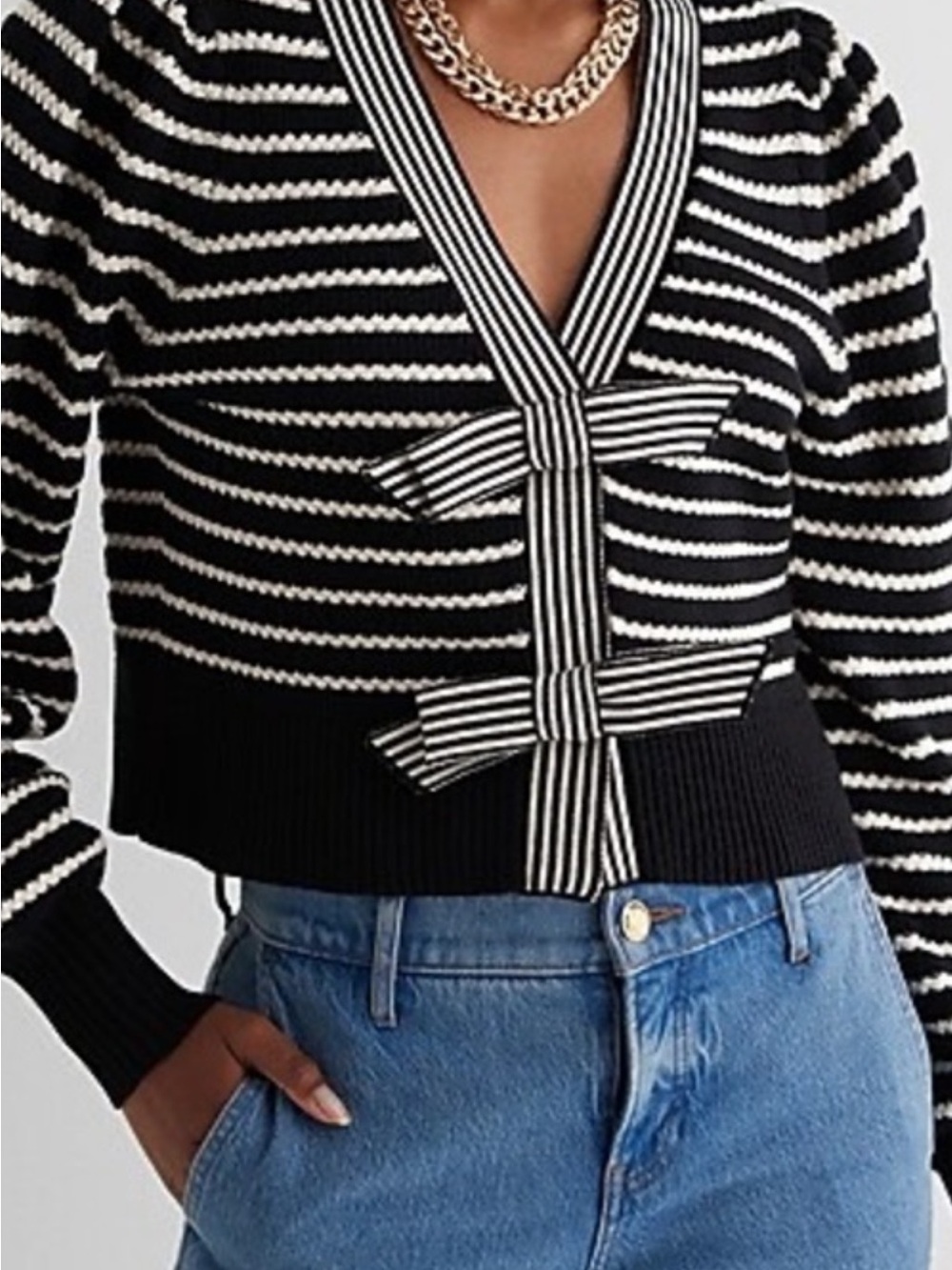 Express Black & White Striped V-Neck Bow-Front Cropped Cardigan
